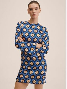 NWOT MNG Blue and Peach Geometric Floral Long-Sleeve Midi Dress ladies XS